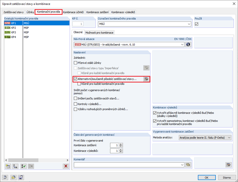 Záložka "Kombinační pravidla" pro EN 1990