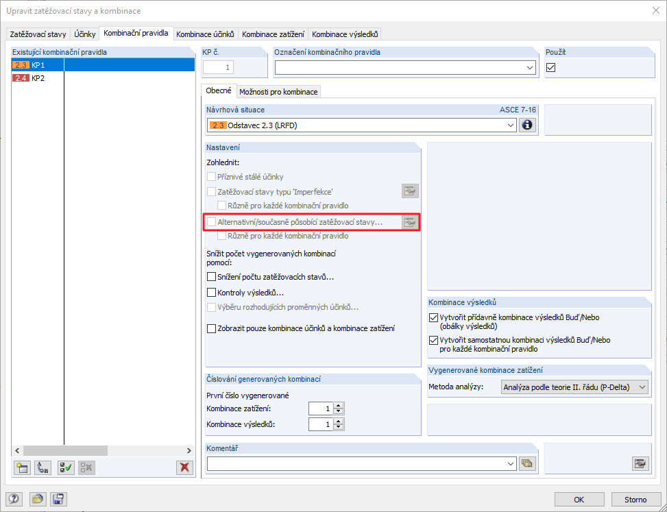 Záložka "Kombinační pravidla" pro ASCE 7