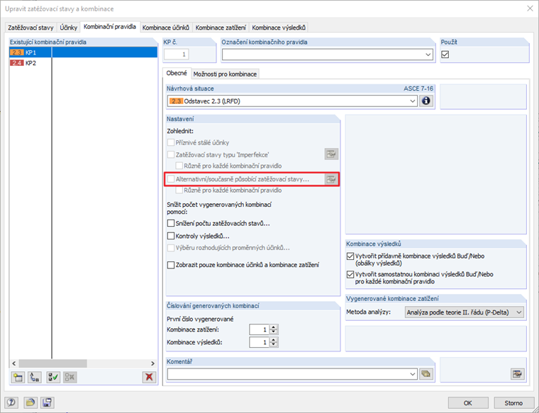 Záložka "Kombinační pravidla" pro ASCE 7