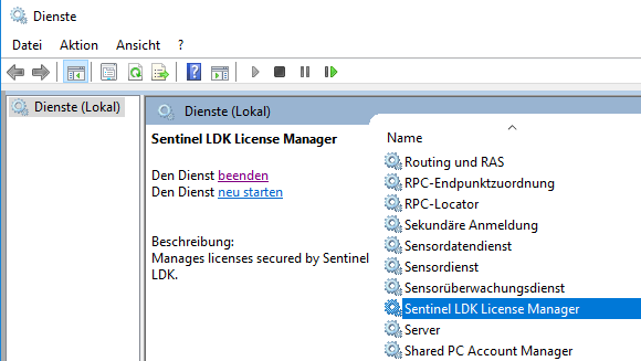 Zastavení a restart služby Sentinel LDK License Manager