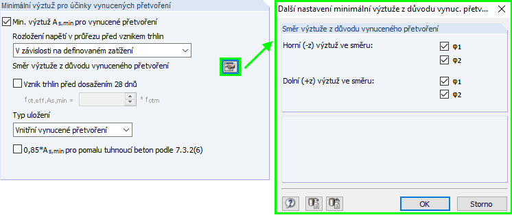 Možnosti pro směr výztuže namáhaný vynucenými silami