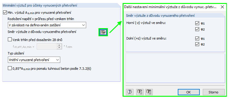Možnosti pro směr výztuže namáhaný vynucenými silami