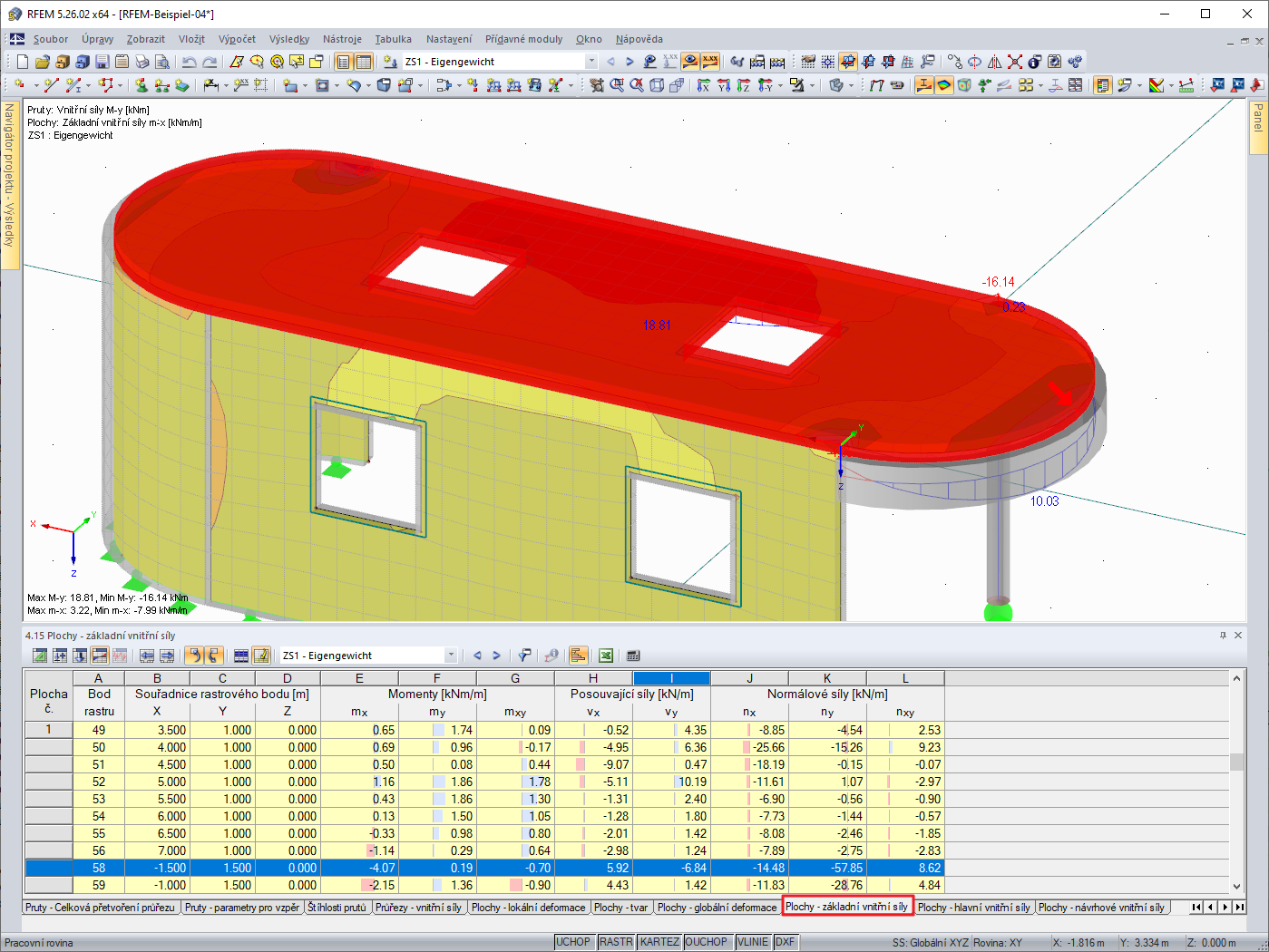 Kombinace výsledků vnitřních sil ploch