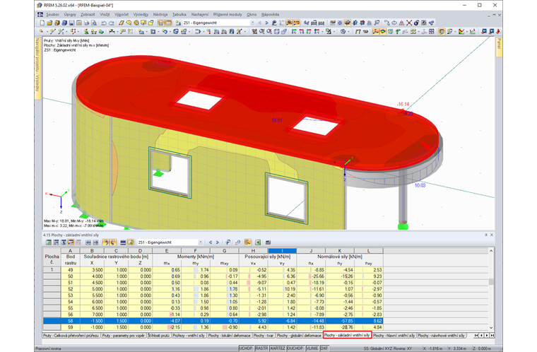 Kombinace výsledků vnitřních sil ploch