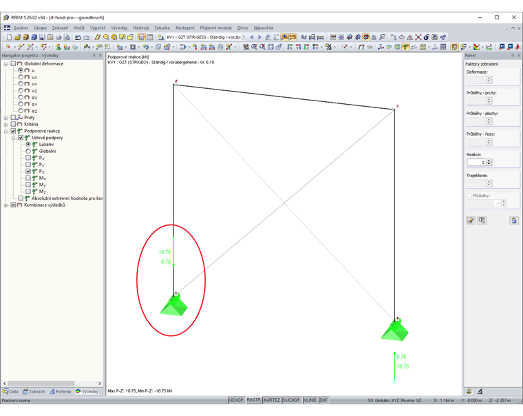 Záporná podporová síla v navrženém uzlu