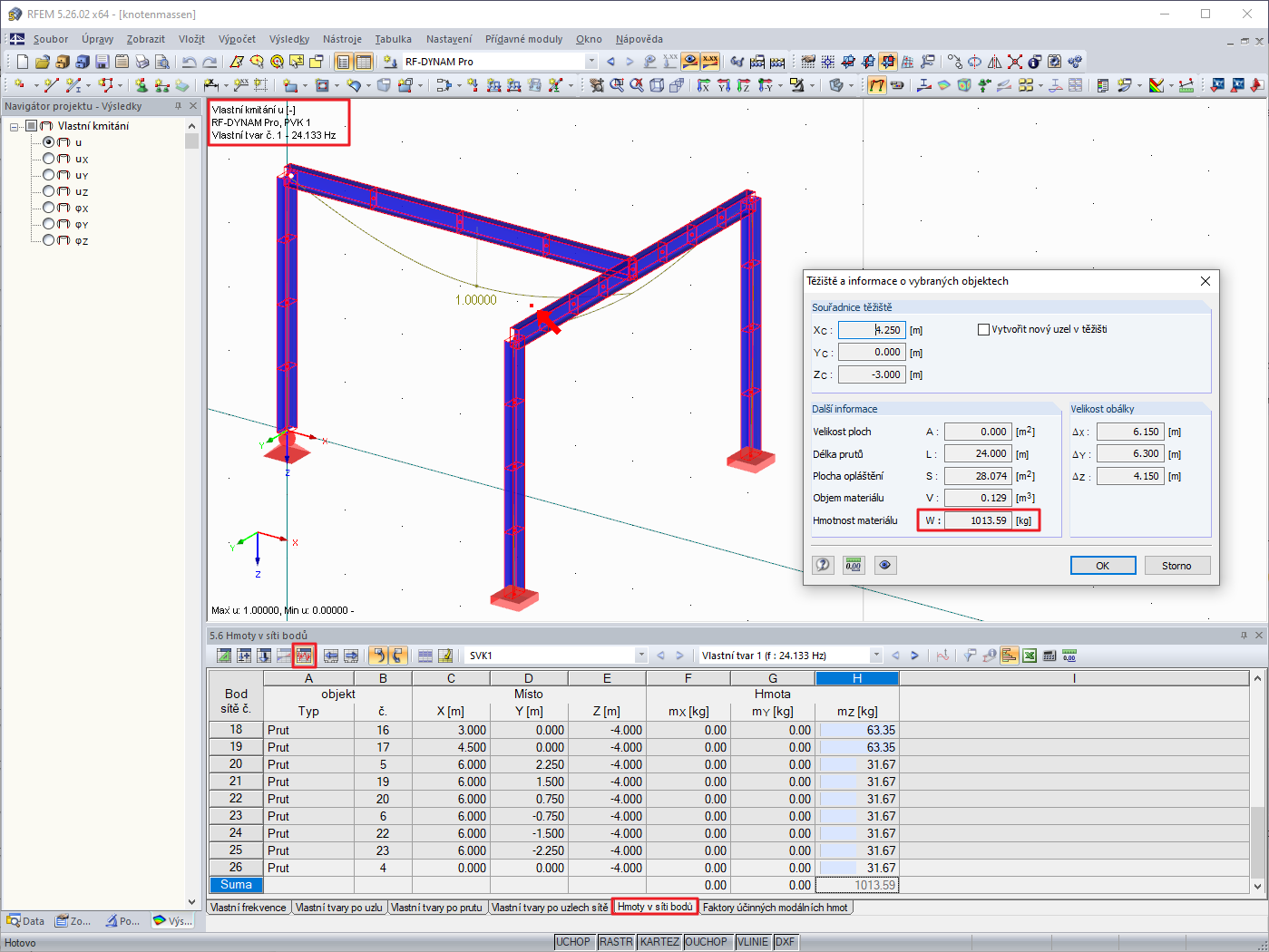 Hmoty v uzlech ve výsledkových tabulkách přídavného modulu DYNAM Pro