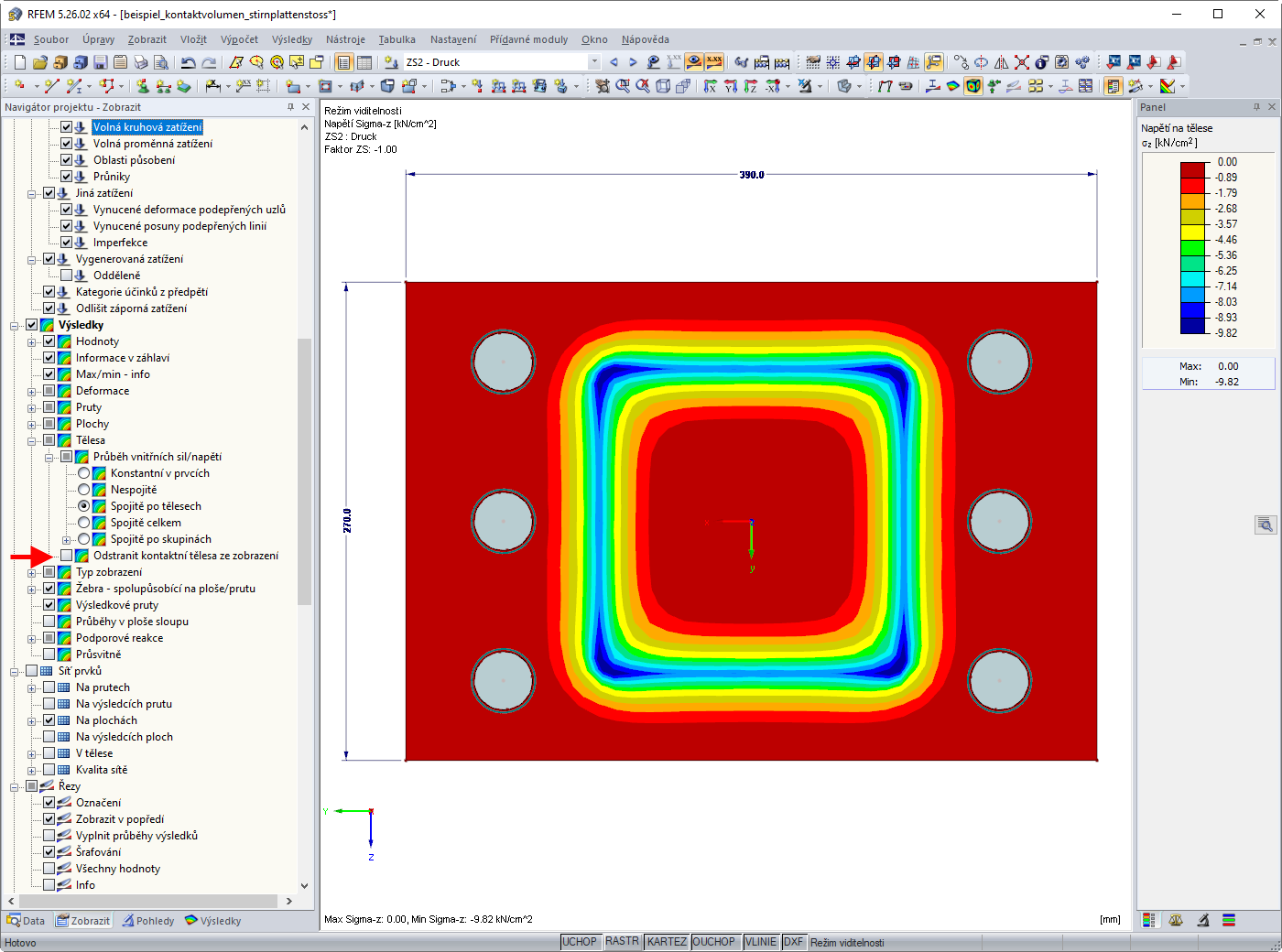 Možnost "Odstranit kontaktní tělesa ze zobrazení"
