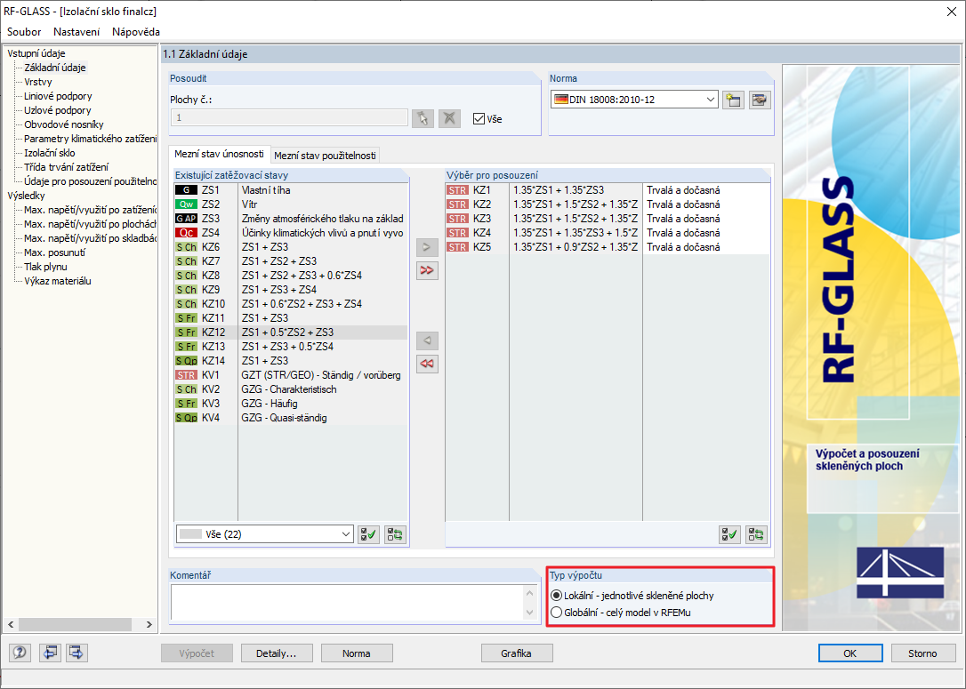 Typ výpočtu v přídavném modulu RF-GLASS