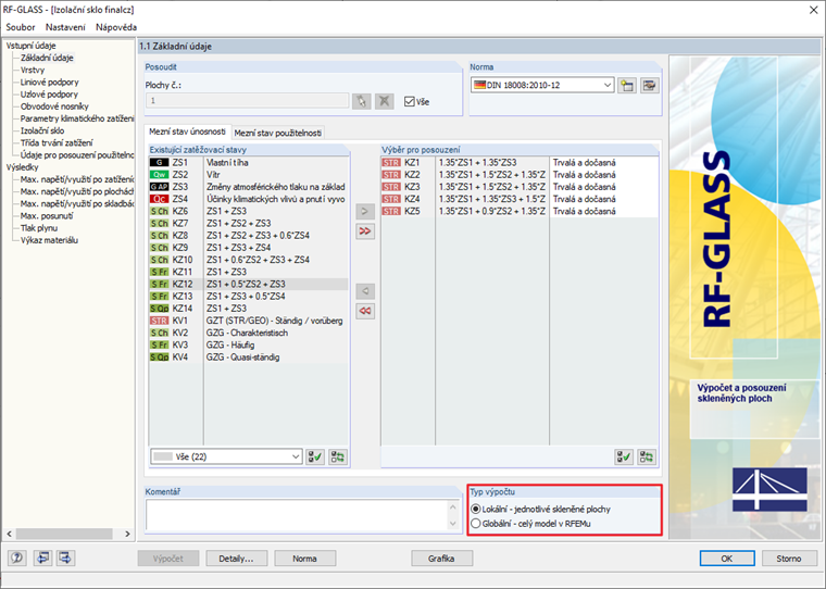 Typ výpočtu v přídavném modulu RF-GLASS