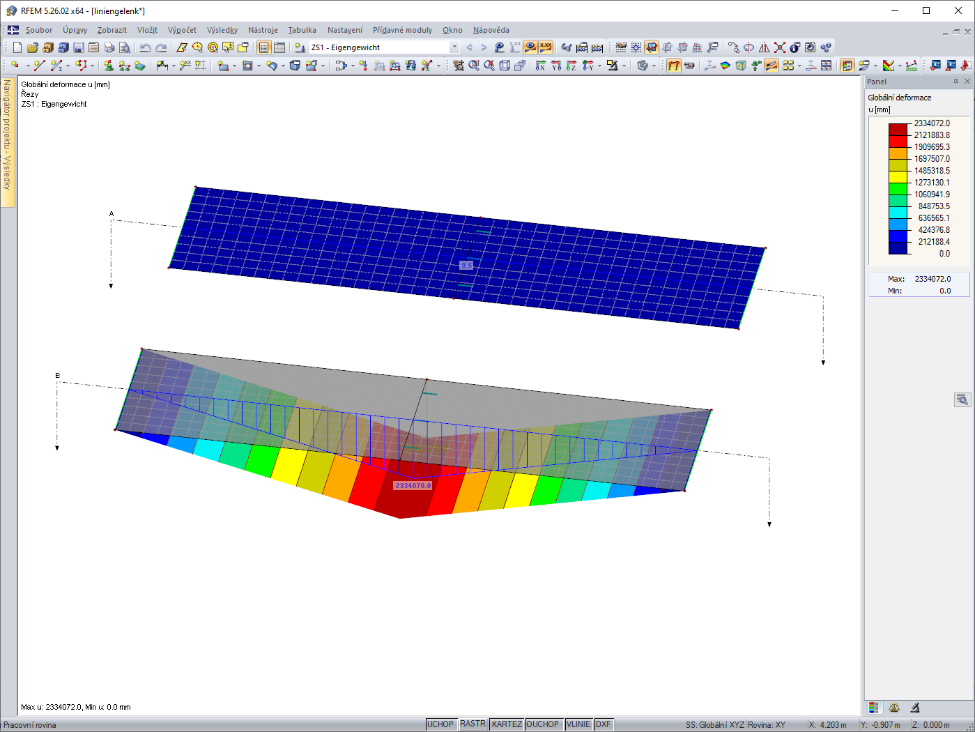 Deformace konstrukce odpovídající chybovému hlášení na Obrázku 03