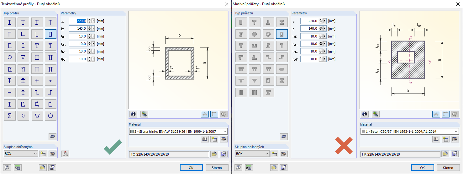 Upozornění při výběru průřezu
