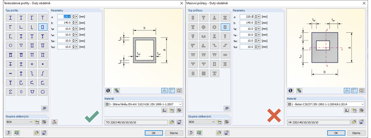 Upozornění při výběru průřezu