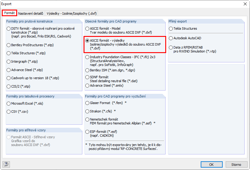 Dialog pro export s nastavením formátu exportu