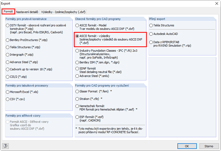 Dialog pro export s nastavením formátu exportu