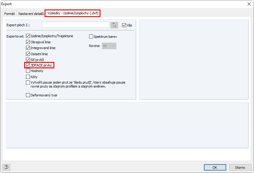 Nastavení detailů pro export výsledků