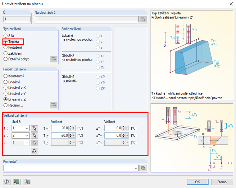 Dialog "Upravit zatížení na plochu" s nastavením typu zatížení "Teplota"