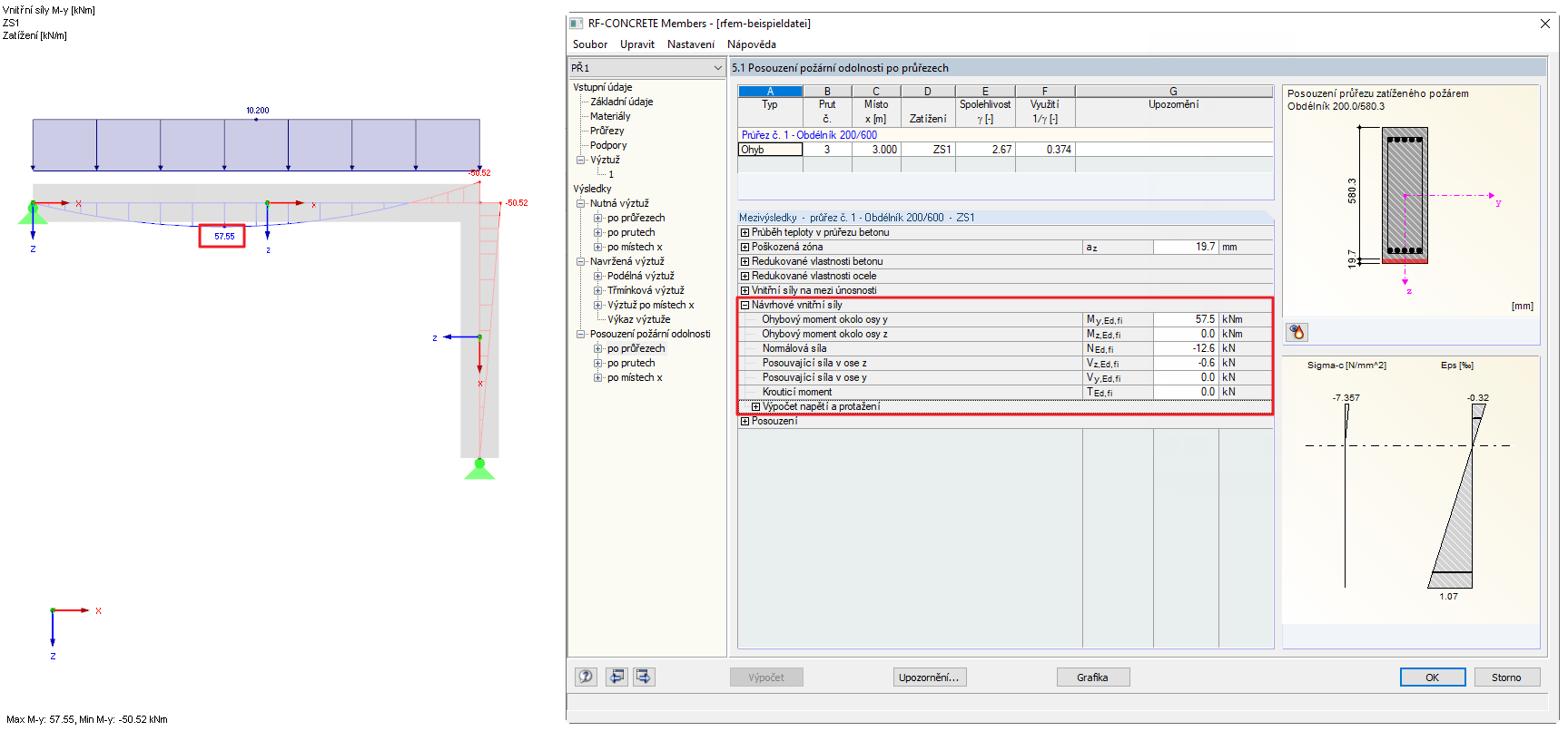 Vnitřní síly při neaktivním zohlednění teplotní roztažnosti a počátečního zakřivení