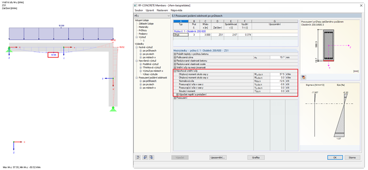 Vnitřní síly při neaktivním zohlednění teplotní roztažnosti a počátečního zakřivení