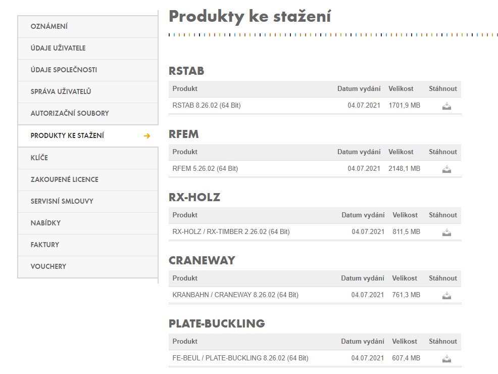 Stahování produktů na účtu Dlubal