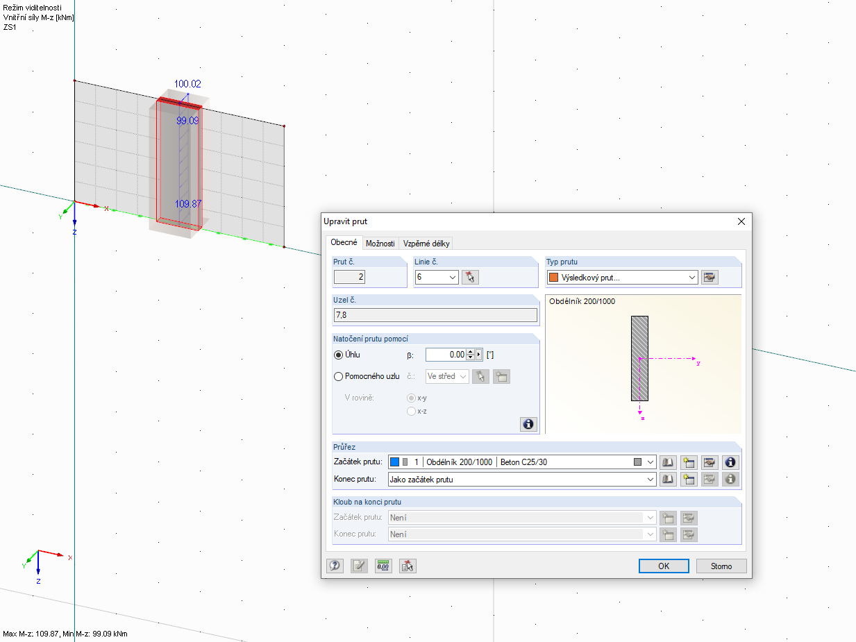 Uspořádání výsledkového prutu ve stěně