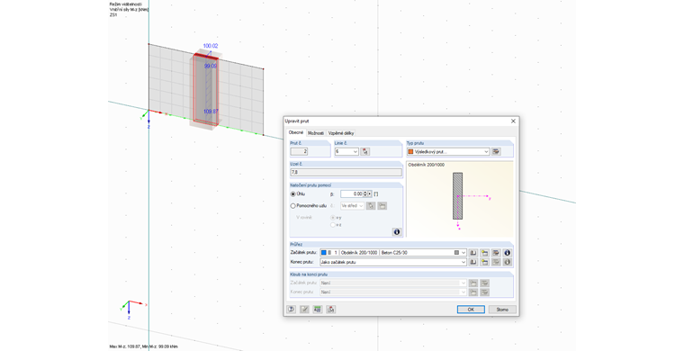 Uspořádání výsledkového prutu ve stěně