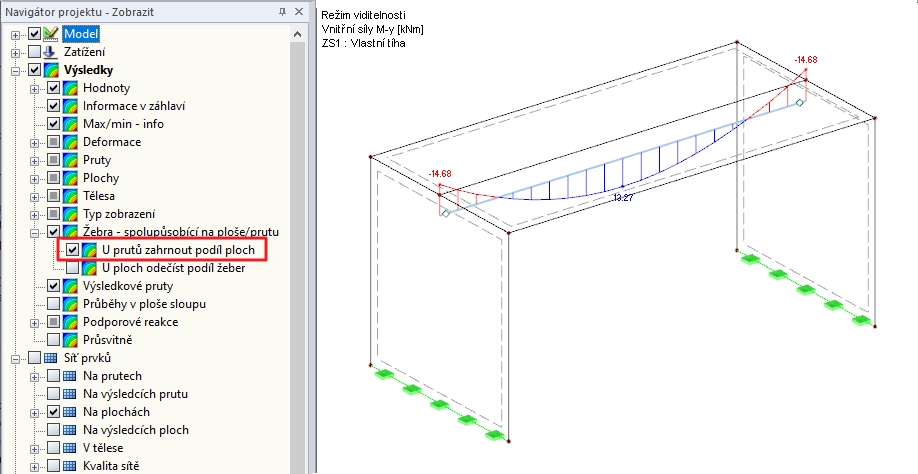 Navigátor Zobrazit - Volba pro zahrnutí složky vnitřních sil z ploch je aktivní