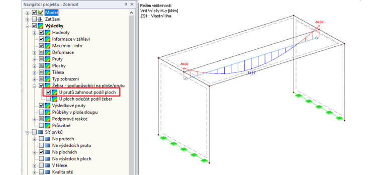 Navigátor Zobrazit - Volba pro zahrnutí složky vnitřních sil z ploch je aktivní