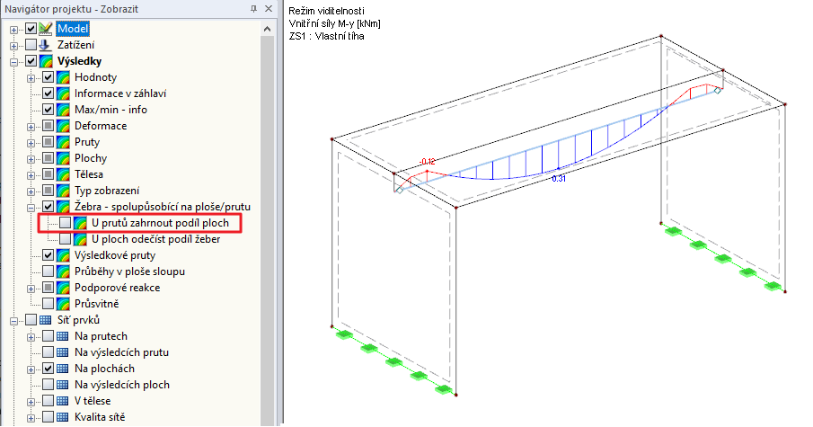 Navigátor Zobrazit - Volba pro zahrnutí složky vnitřních sil z ploch není aktivní