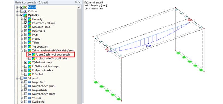 Průběh vnitřních sil My se zadáním liniových kloubů