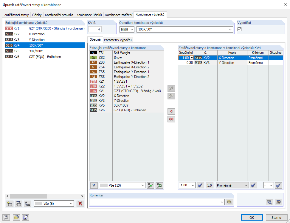 Ručně vytvořená kombinatorika pro seizmická zatížení