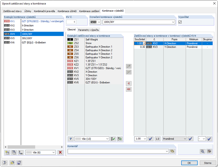 Ručně vytvořená kombinatorika pro seizmická zatížení