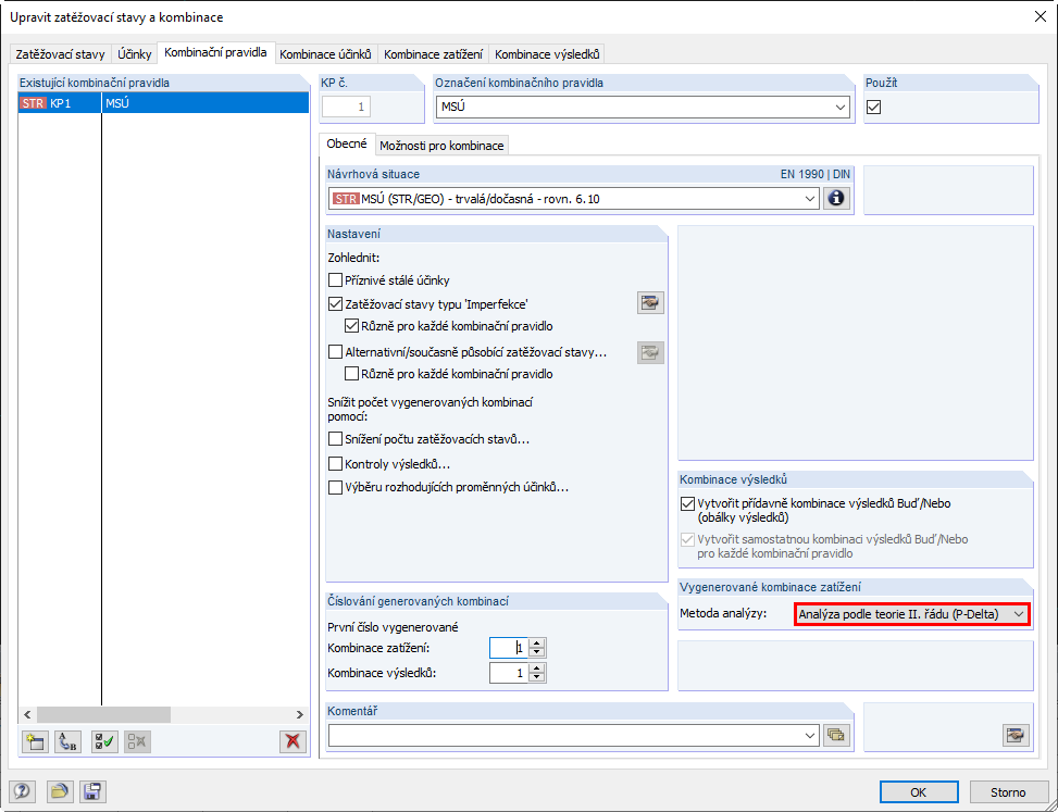 Kombinační pravidlo pro výpočet podle teorie II. řádu včetně imperfekcí