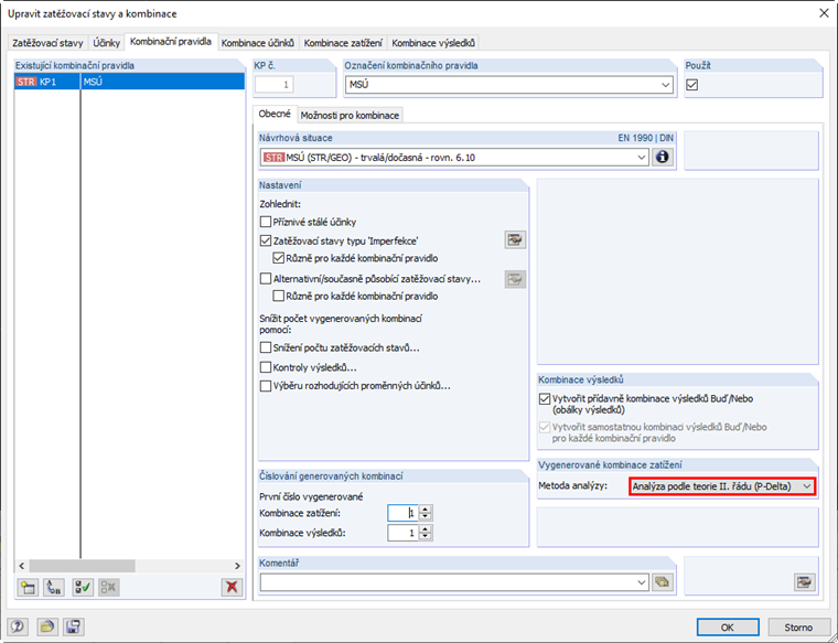 Kombinační pravidlo pro výpočet podle teorie II. řádu včetně imperfekcí