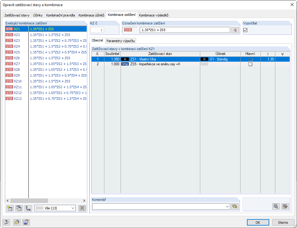 Vygenerované ZS se zatěžovacími stavy typu imperfekce