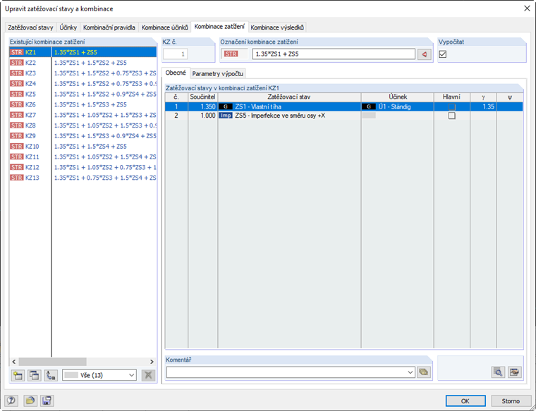 Vygenerované ZS se zatěžovacími stavy typu imperfekce