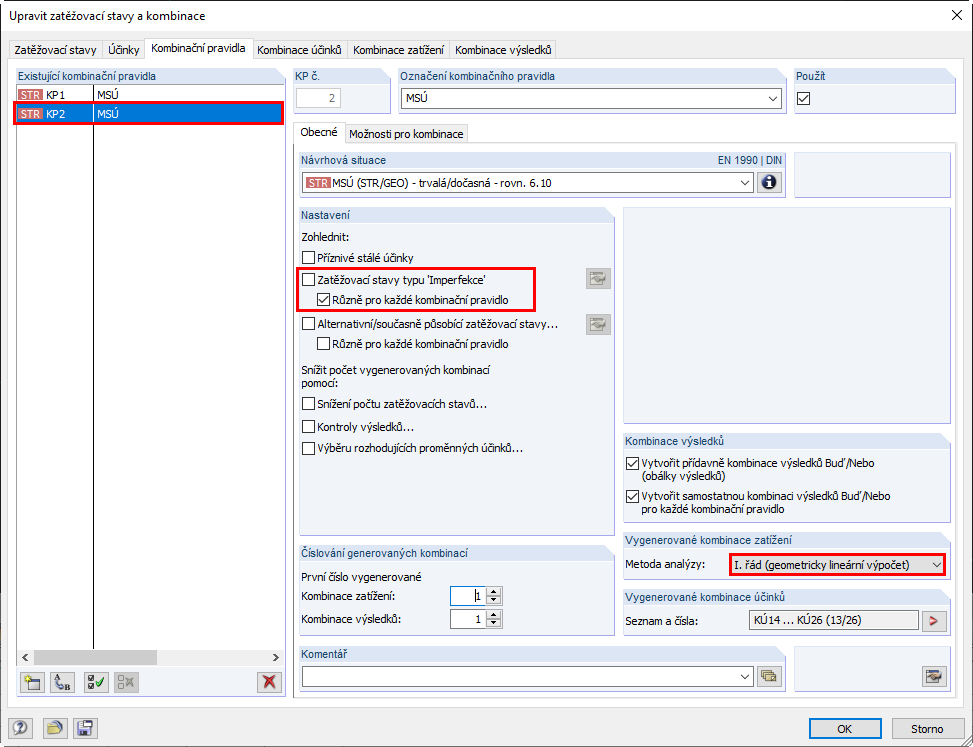 Přídavné kombinační pravidlo pro kombinace zatížení podle teorie I. řádu
