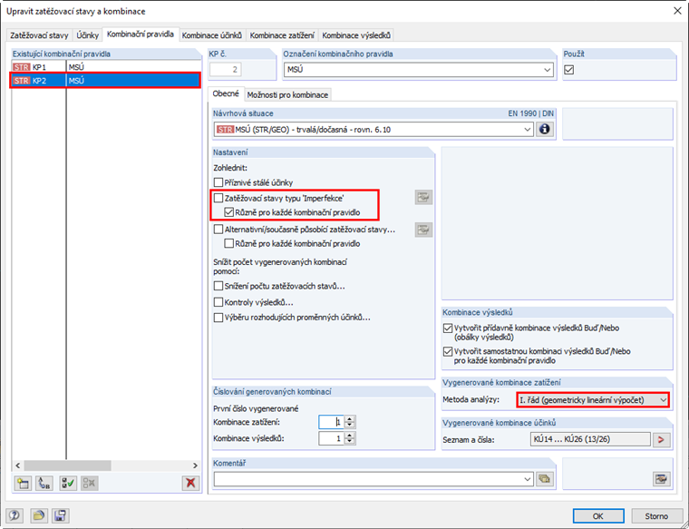 Přídavné kombinační pravidlo pro kombinace zatížení podle teorie I. řádu