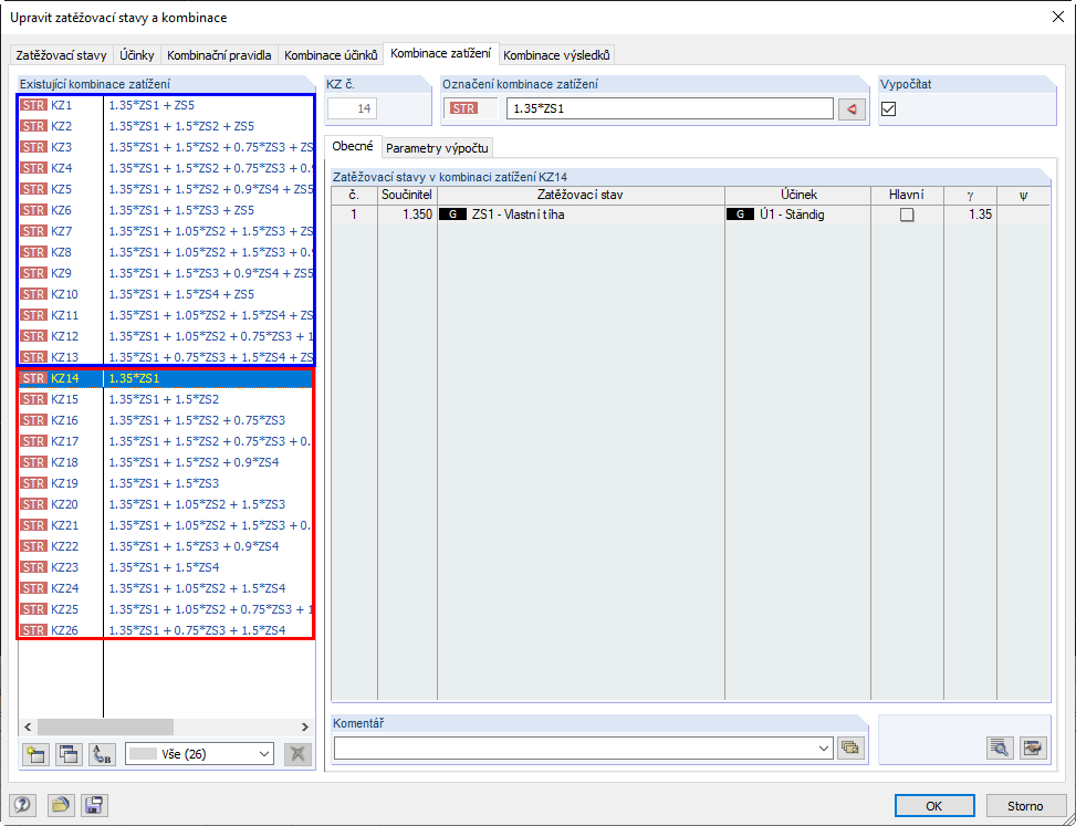Kombinace zatížení podle teorie I. a II. řádu