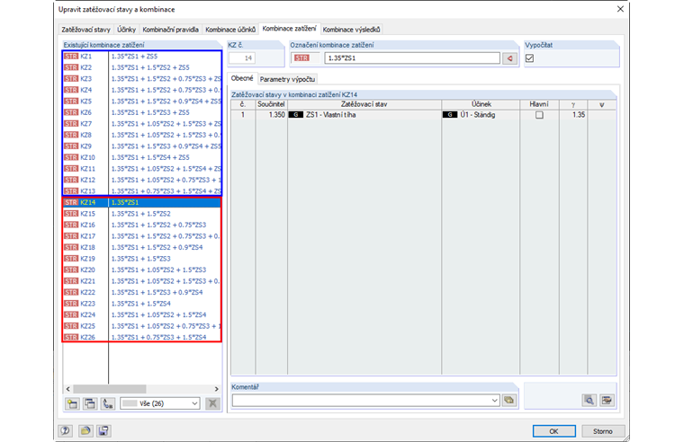 Kombinace zatížení podle teorie I. a II. řádu