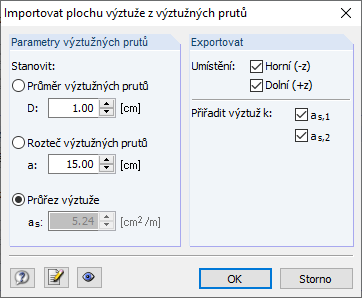 Vstupní dialog pro zadání průměru prutů a vzdálenosti prutů