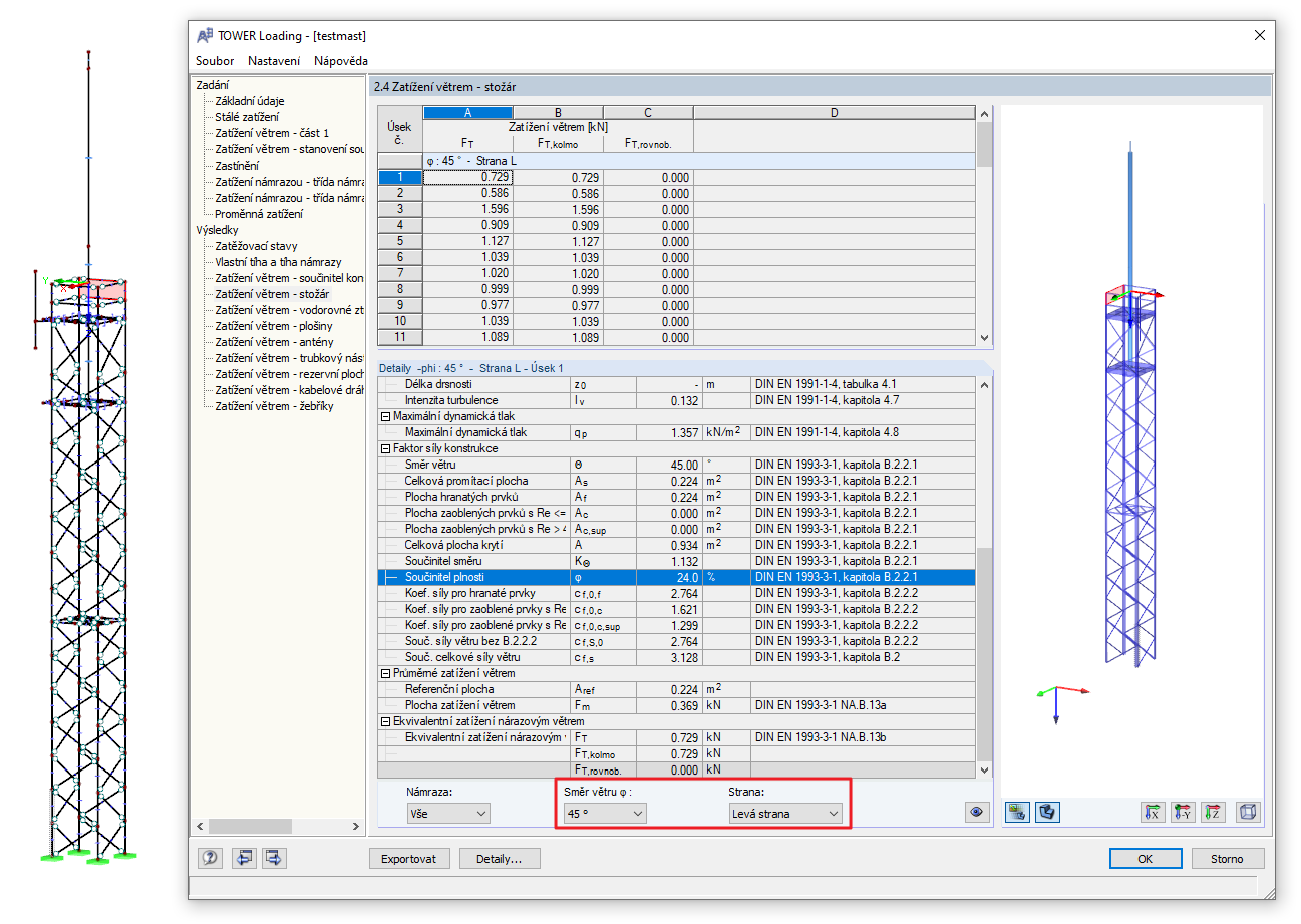 Mezivýsledky v přídavném modulu RF-/TOWER Loading
