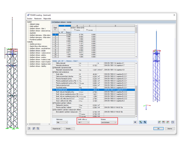 Mezivýsledky v přídavném modulu RF-/TOWER Loading