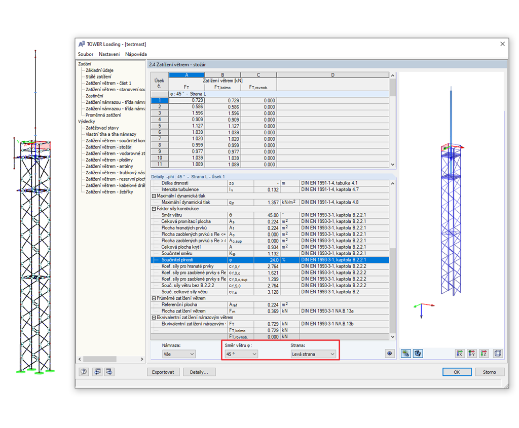 Mezivýsledky v přídavném modulu RF-/TOWER Loading