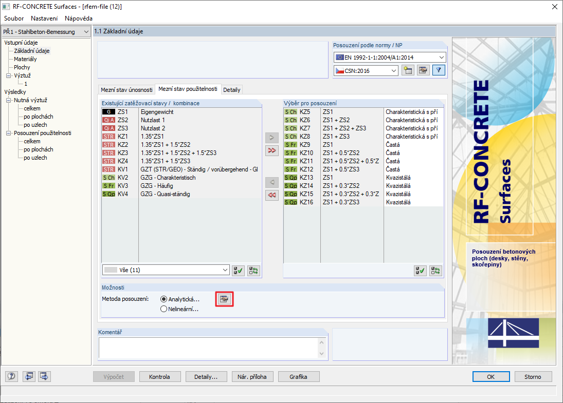 Záložka "Použitelnost" ve vstupním dialogu 1.1 Základní údaje přídavného modulu RF-CONCRETE Surfaces