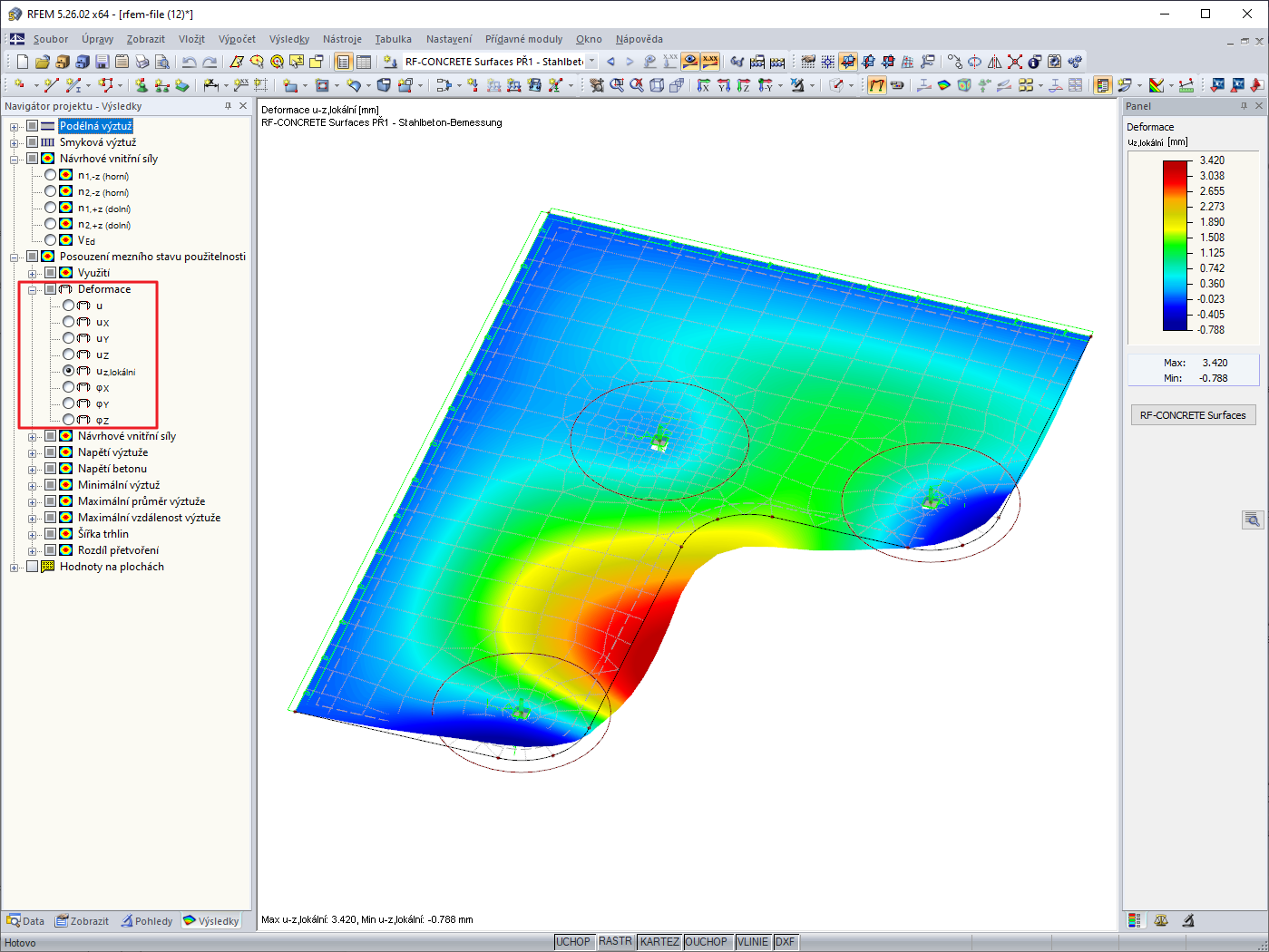 Grafika výsledků s deformacemi z RF-CONCRETE Deflect