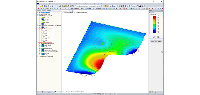 Grafika výsledků s deformacemi z RF-CONCRETE Deflect