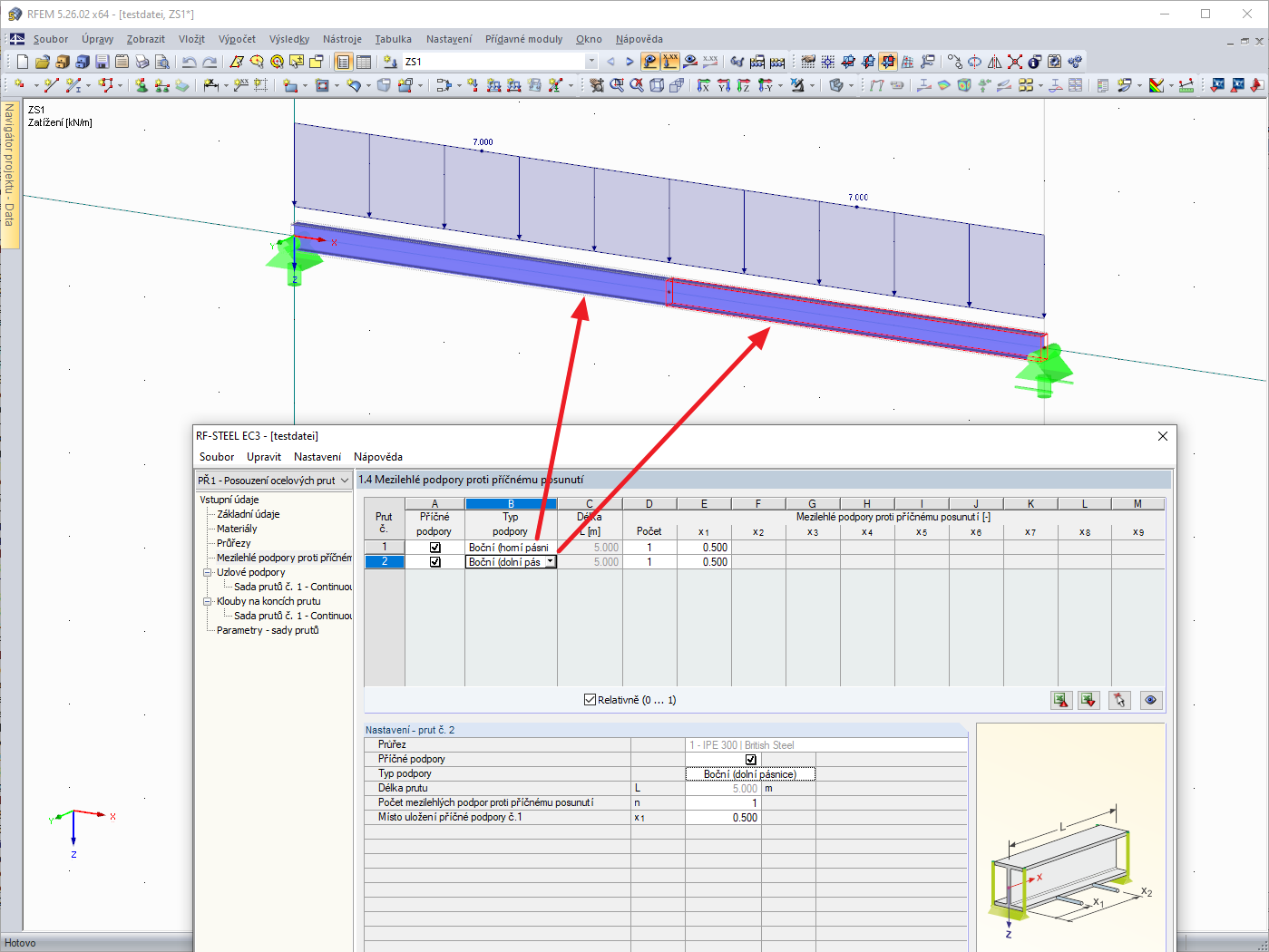 Definice různých typů příčných mezilehlých podpor podél sady prutů