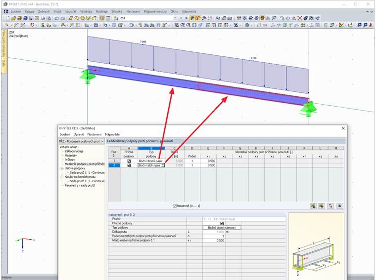 Definice různých typů příčných mezilehlých podpor podél sady prutů