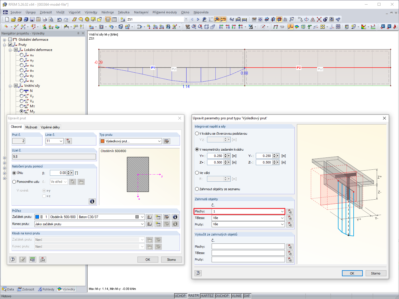 Vnitřní síly a posouzení nosníku výsledků