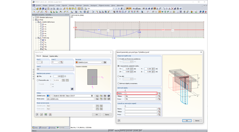 Vnitřní síly a posouzení nosníku výsledků
